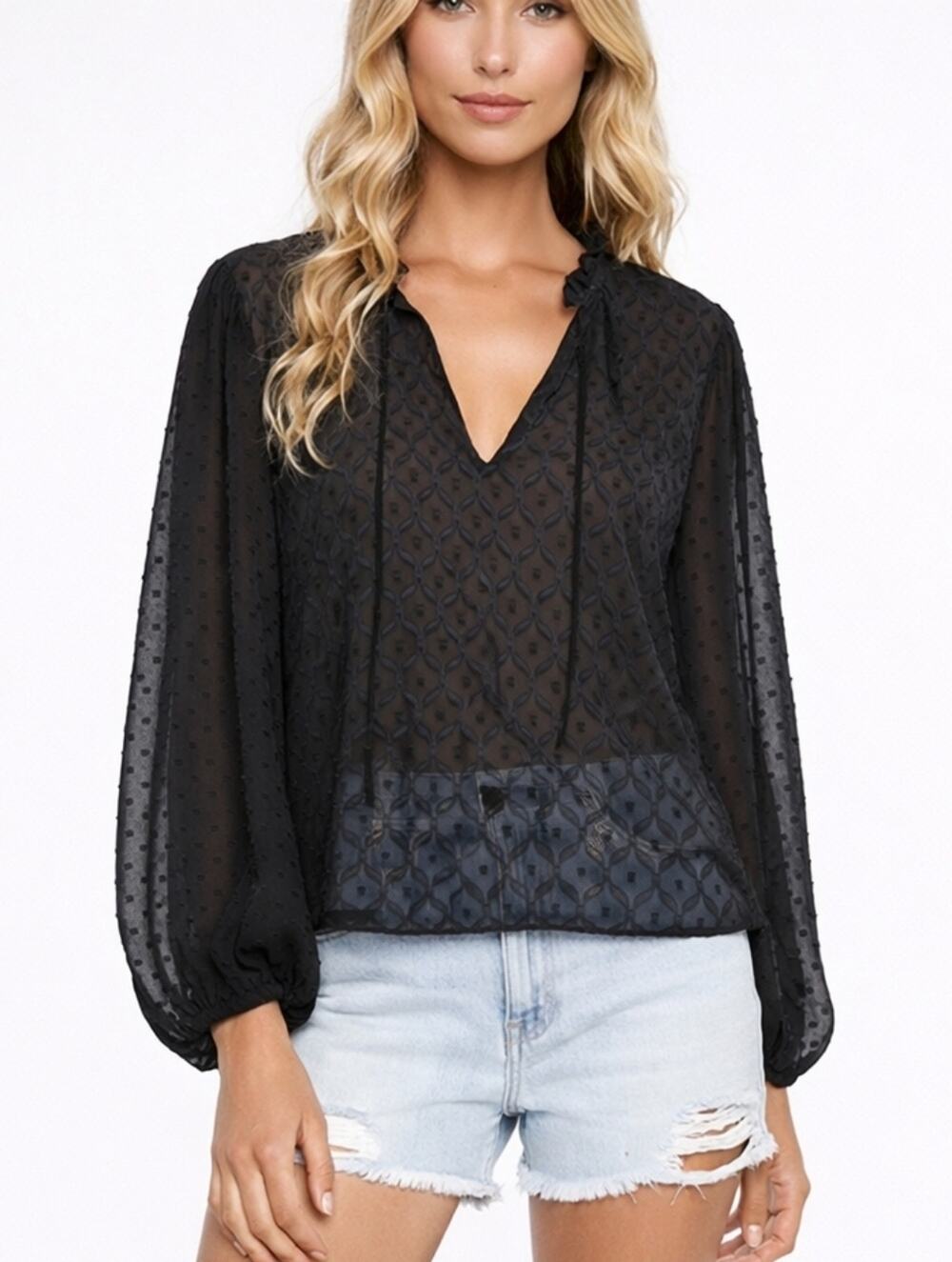 Alice + Olivia Julius Geo Pattern Blouson Sleeve Silk Blend Top Large $295  F387